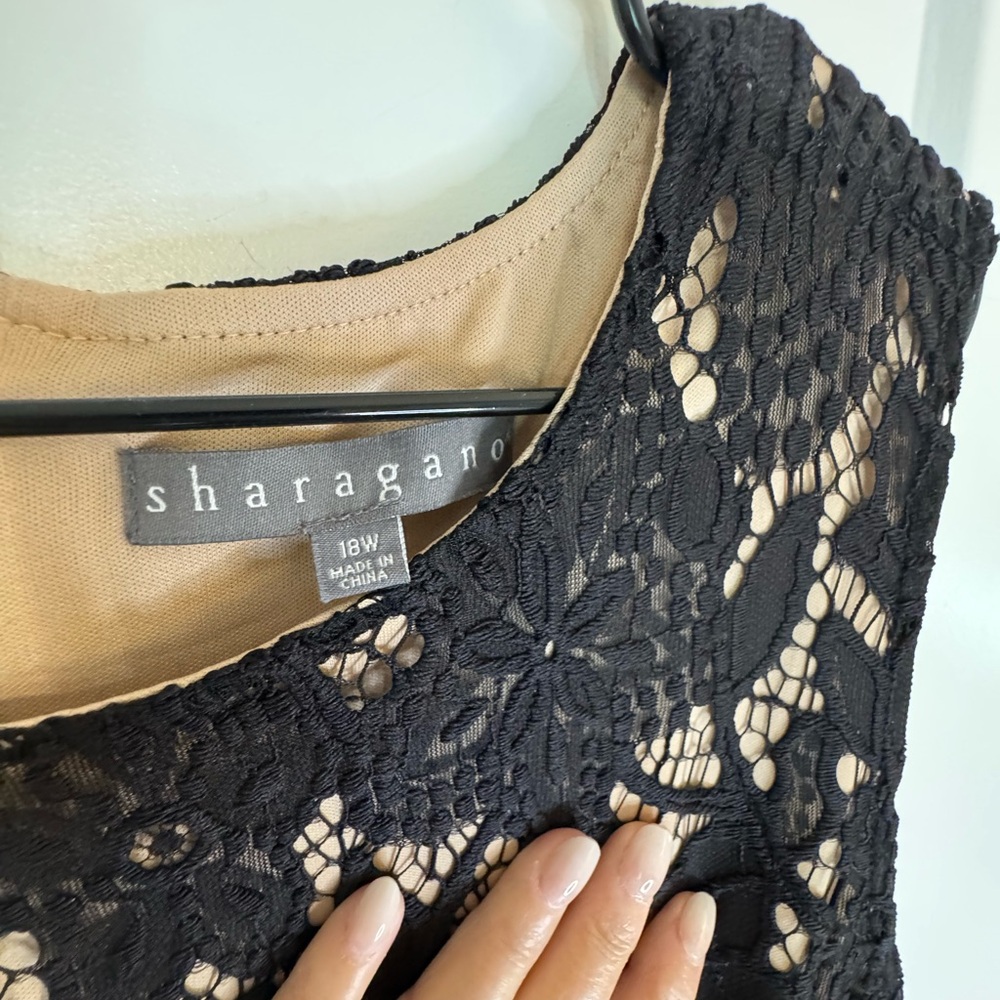 Sharagano Black Lace Overlay Midi Dress with Nude Lining - Picture 3 of 8